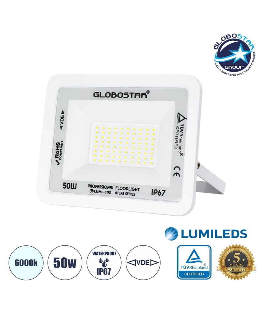 GLOBOSTAR® ATLAS 61419 Προβολέας LED 50W 6250lm 120° AC 220-240V Αδιάβροχο IP67 Ψυχρό Λευκό 6000K - Lumileds SMD Chip - TÜV Rheinland Certified - Λευκό Ματ - Μ21 x Π3.5 x Υ16cm - 5 Χρόνια Εγγύηση